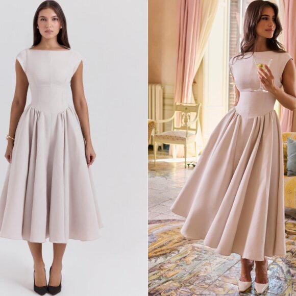 HOUSE OF CB 'Debutante' French Dove Moire Satin Backless Midi NWOT